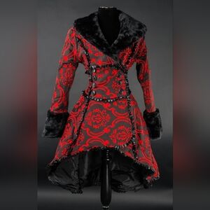 Gothic Victorian Red & Black Jacquard Faux Fur Trim High-Low Coat Size XL/XXL